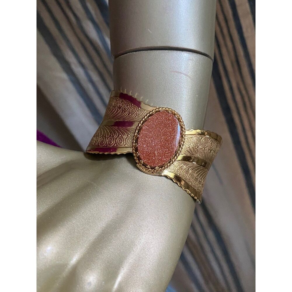 EUC Sparkle Gold Stone Engraved Feather Cuff Bracelet